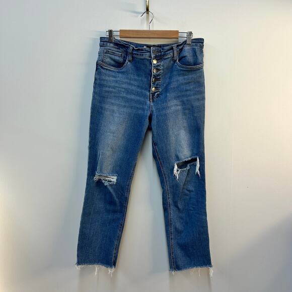 Kut From the Kloth Jeans 12 Button Front High Rise Waisted Ripped Knee Fray Hem - Picture 1 of 6